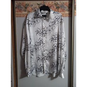 Akings New York XL White Floral Satin Mono Casual Occasion Button Down Shirt